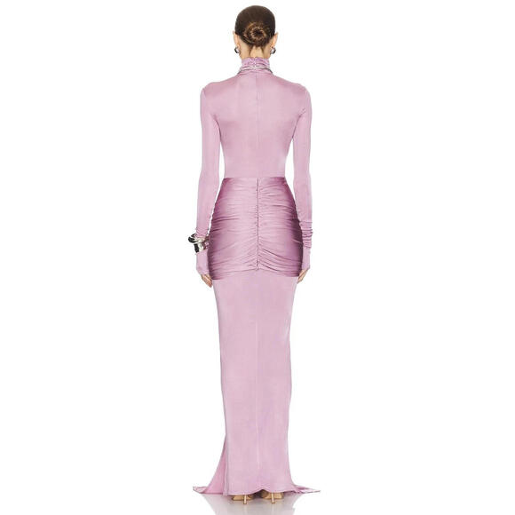 Helsa Slinky Jersey Ruched Sarong Maxi Dress Turtleneck Long purple Sz L $398 - Picture 4 of 12